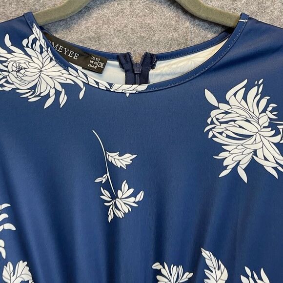 HOMEYEE Dress Size 2XL Blue White Floral Round Neck Midi A-Line Pleated Swing - Picture 3 of 16
